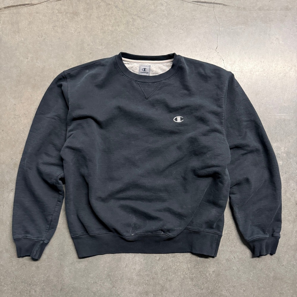 Champion Mens Crewneck Sweatshirt Black Embroidered Logo Size M 4118